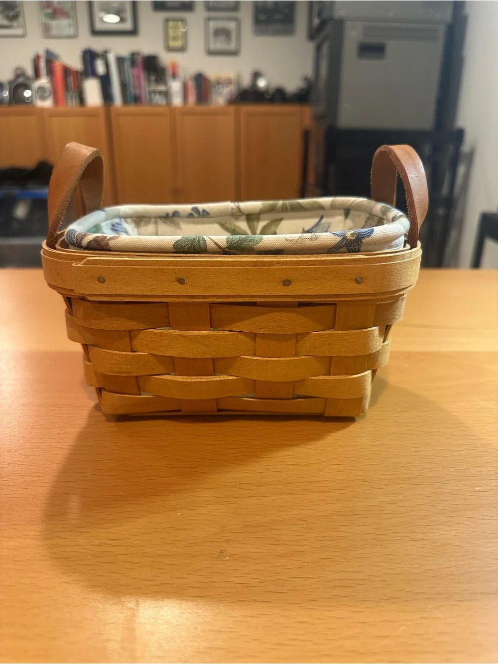 Longaberger Natural Woven Basket with Floral Liner and Brown Leather Handles